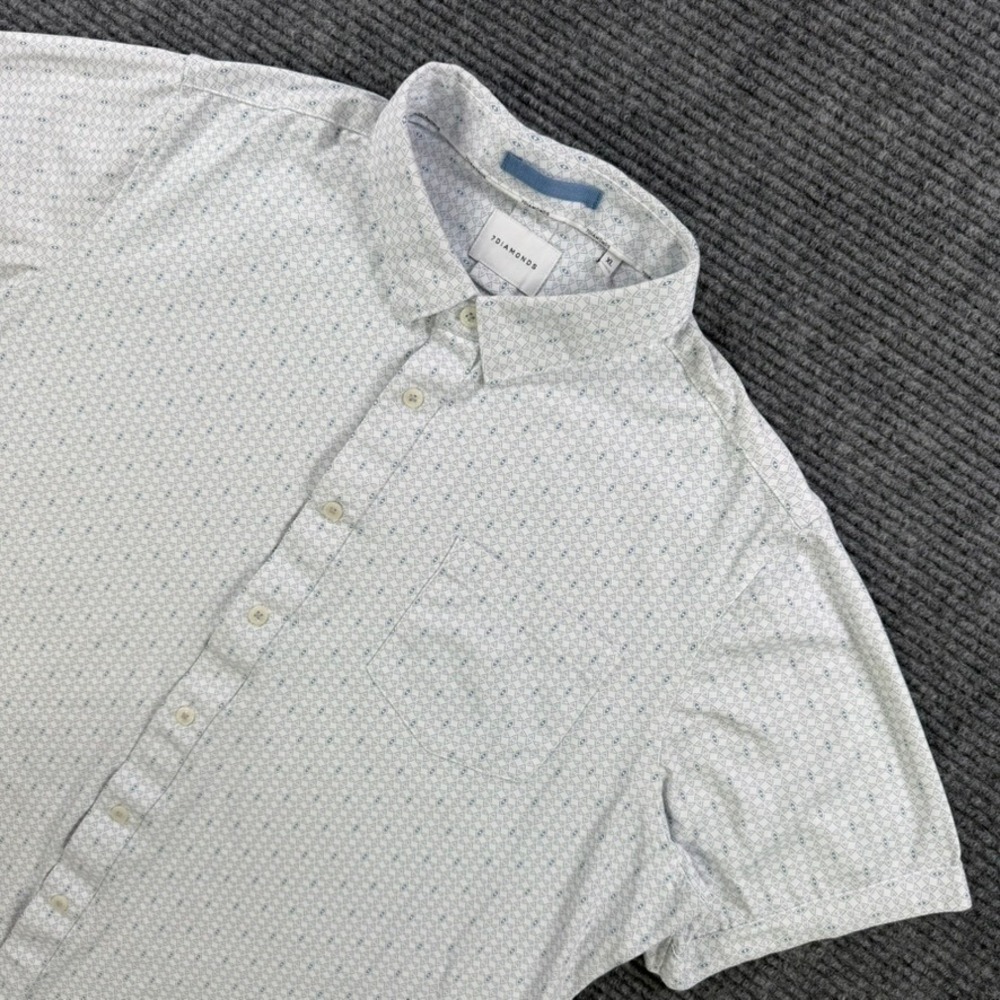 7Diamonds Mens XL Short Sleeve Button Down Shirt Blue White Geometric Golf Work